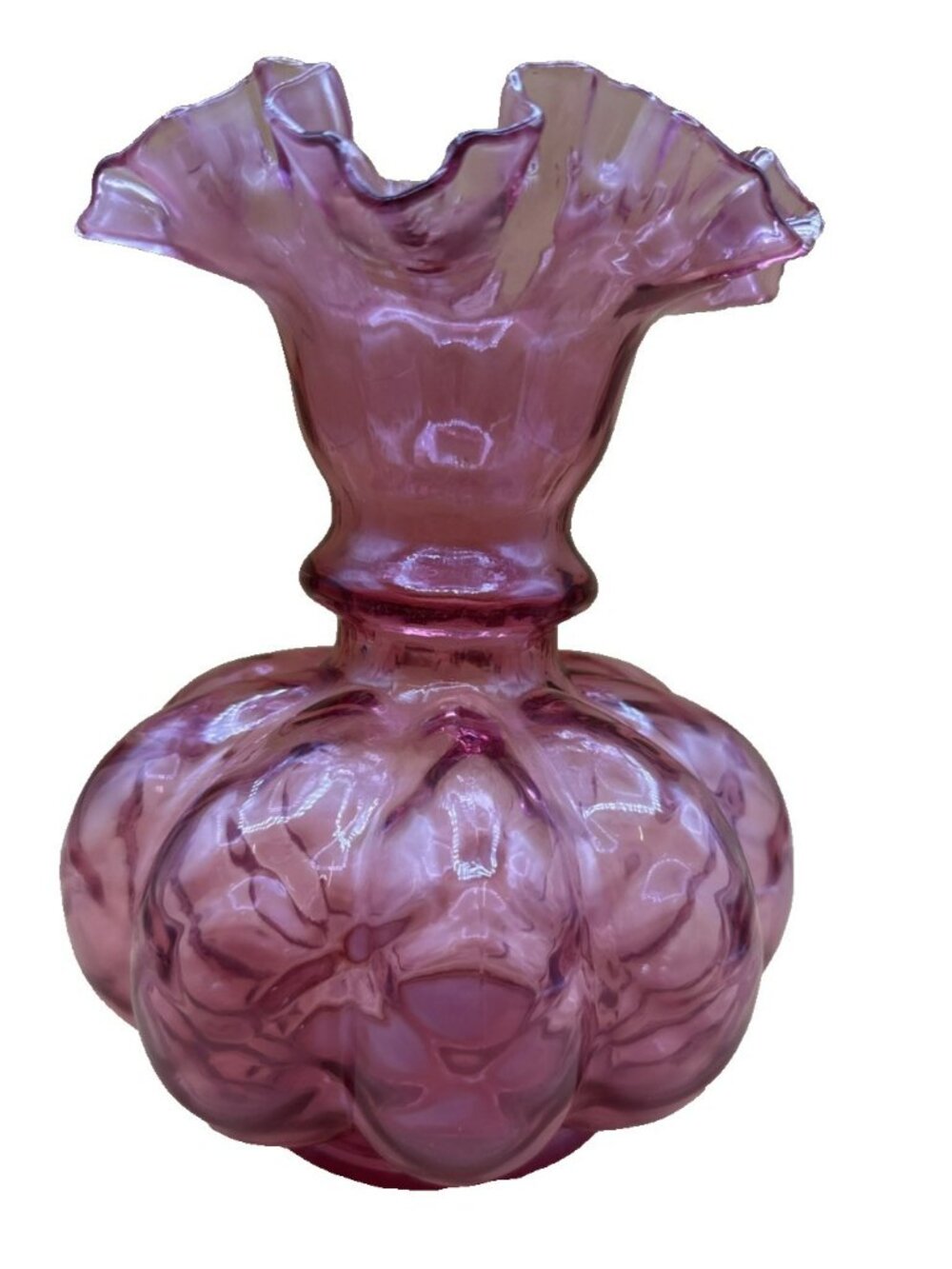 Fenton Cranberry Glass Diamond Optic Vase w Double Crimped Top 7 1/2" Tall